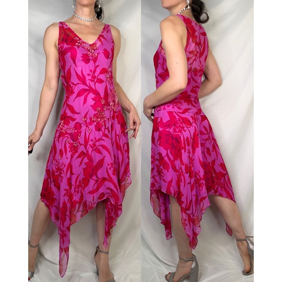 Laundry by Shelli Segal Silk Dress Floral‎ Sequin Chiffon Asymmetrical Beaded 10 - Picture 15 of 15